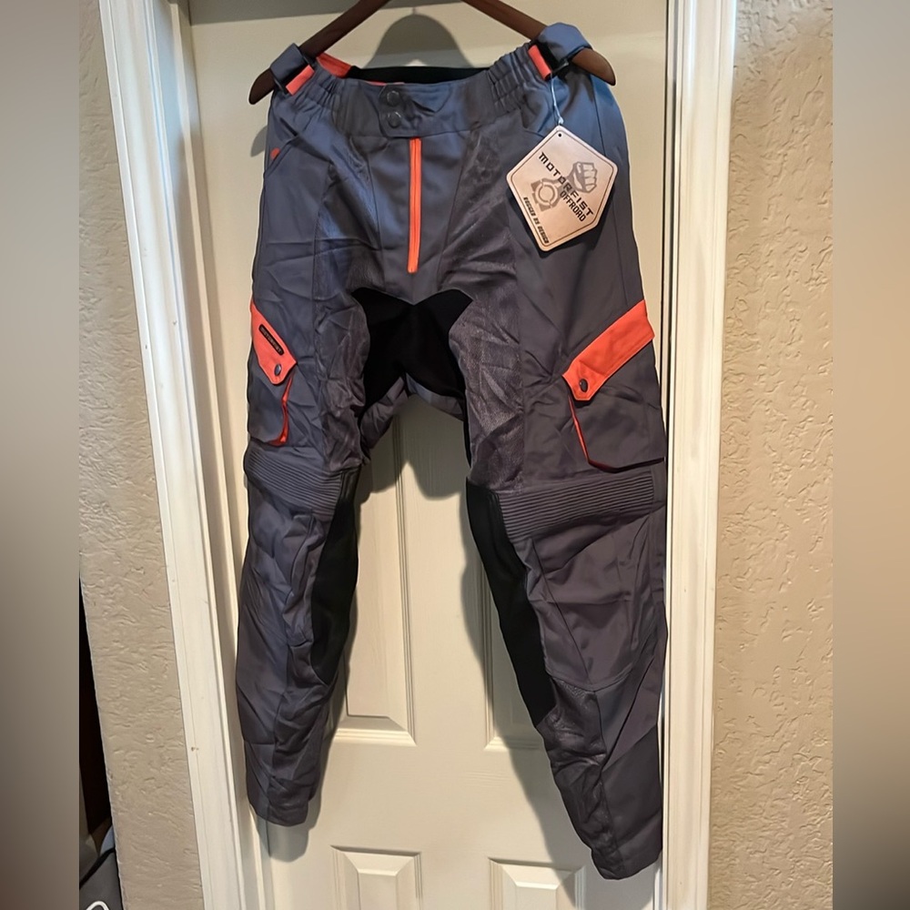 MOTORFIST SKYLINE PANT  Orange and Black, Inner Leg Leather Panel